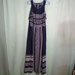 Women’s Boho Maxi Dress – Navy Blue Sleeveless Printed Flowy Summer Dress